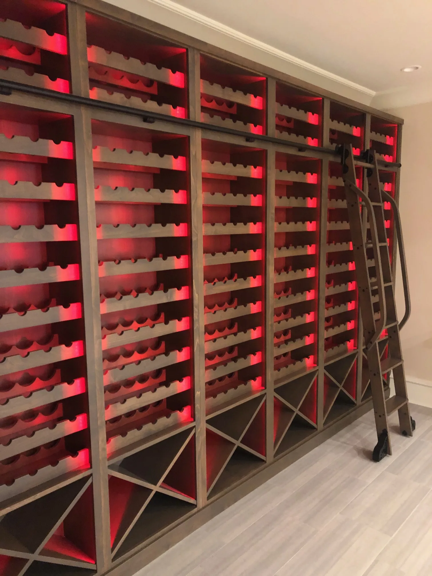Glen Eagle cellar: alder racking with multicolored LED lighting